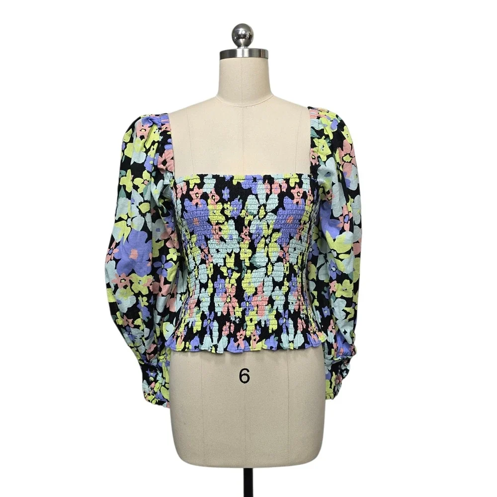 Free‎ People Retro Combo Smocked Puff Sleeve Floral Square Neck Top Size Small